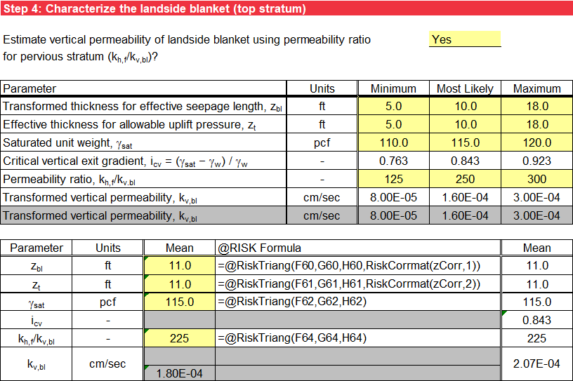 Step 4 of BT Case 6 worksheet: Probabilistic input using @RISK for permeability ratio as input.